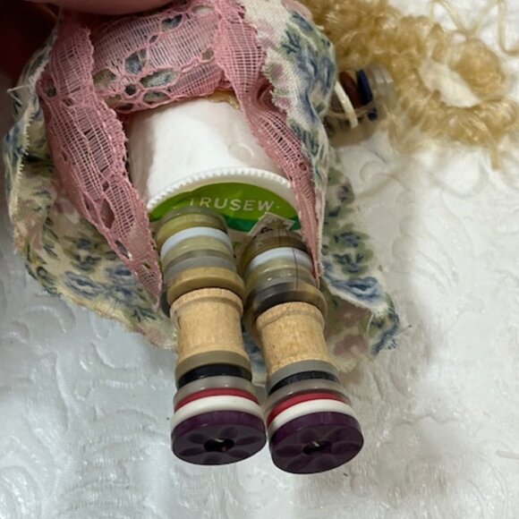 Handmade Standing Button Wooden Blonde Curly Haired Doll 5" - Picture 7 of 10